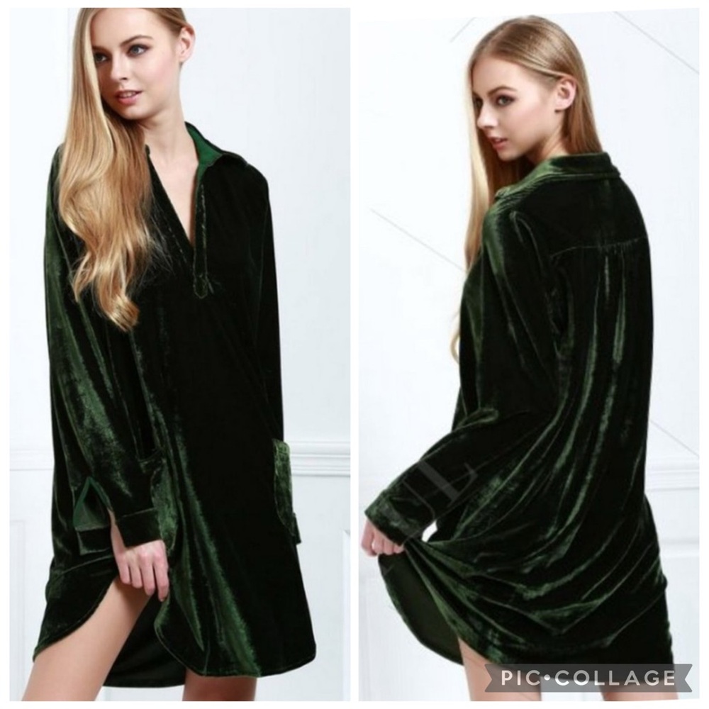 Zaful Velvet Shirt Mini Dress in Deep Green Long Sleeve Holiday Fall Winter SM
